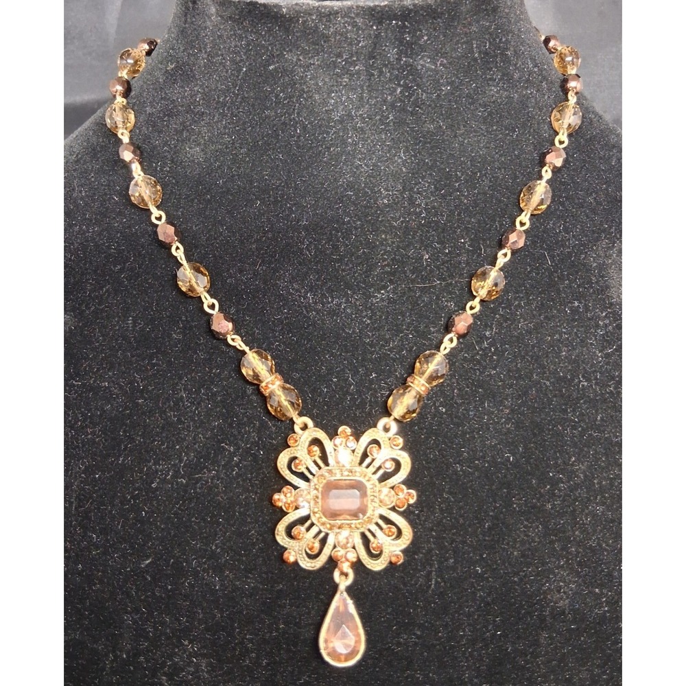 Avon Vintage Gold Tone Filigree Smoky Topaz Amb, Crystal Beaded Pendant Necklace - Picture 1 of 14
